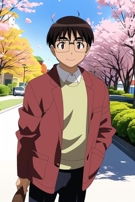 <lora:love-hina-keitaro-urashima:1> keitaro urashima wearing a brown suit, university building in background, full body shot, looking at viewer, sakura trees in background, blue sky in spring, beautiful face, highly detailled eyes, masterpiece, absurdres