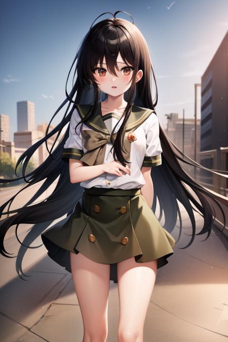 masterpiece, best quality, absurdres, perfect antomy, cinematic lighting, Shana, black hair, brown eyes, school uniform, outdoors, city