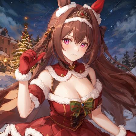 ((masterpiece, best quality)), <lora:Daiwa Scarlet:0.6>,1girl,Daiwa Scarlet,Daiwa Scarlet(Santa),horse ears,horse girl,brown hair,long_hair, twintails,red_eyes,slit pupils, tiara, very_long_hair,cleavage, fur_trim, hair_intakes,red_gloves,plaid,red dress,thighhighs,bow,detached_sleeves, fur-trimmed_dress,fang,santa_dress,bare_shoulders,boots,merry christmas, outdoors,night sky, starry sky,