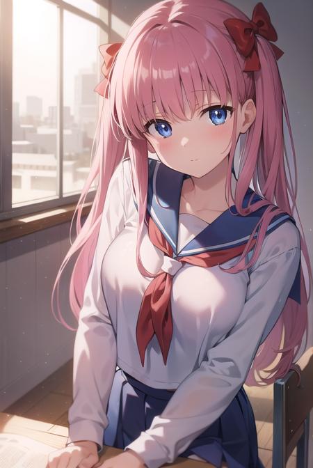 nodokaharamura, <lora:nodokaharamuratest:1>,
nodoka haramura, blue eyes, hair bow, long hair, pink hair, bow,
BREAK blue skirt, kiyosumi school uniform, pleated skirt, school uniform, serafuku, skirt,
BREAK looking at viewer,
BREAK indoors, classroom,
BREAK <lora:GoodHands-vanilla:1>, (masterpiece:1.2), best quality, high resolution, unity 8k wallpaper, (illustration:0.8), (beautiful detailed eyes:1.6), extremely detailed face, perfect lighting, extremely detailed CG, (perfect hands, perfect anatomy),