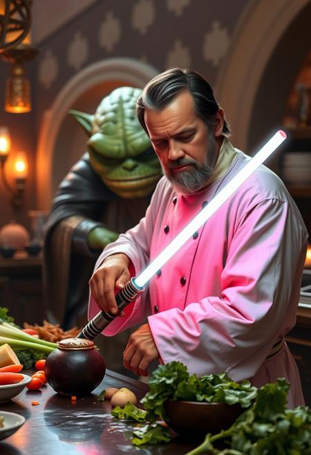 A Jedi chef uses a lightsaber knife to chop vegetables in Jabba the Hutt's palace kitchen.
