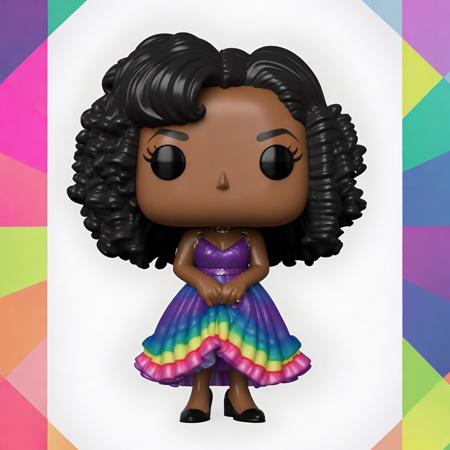 (Funko), dark skin, woman, black hair, curly hair, rainbow dress, colorful dress, dress, eyelashes, makeup, <lora:Funko Test:.7>, white background, solo, colorful