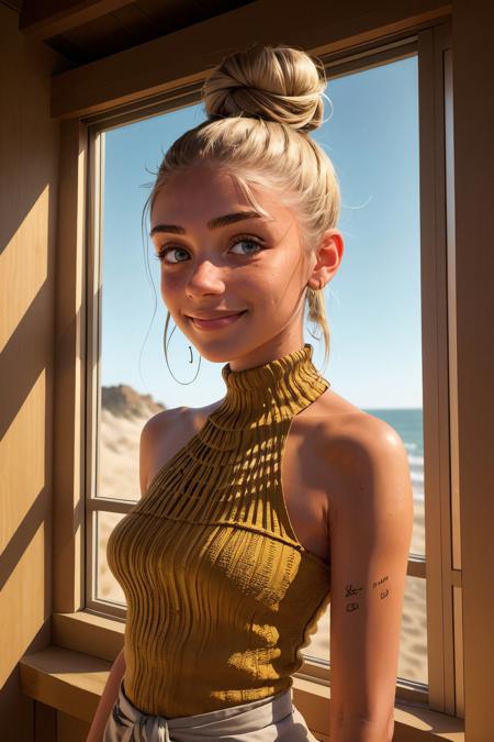 sand art style, textured, layered, natural, detailed (eye level, headshot:1.2) <lora:MaddieFrancessca_v1:.9> MaddieFrancessca, smiling, she is wearing halterneck , her hair is styled as top knot hair, BREAK she is (in the loft:1.1), silhouetted against the window, Voigtlnder Nokton 50mm f1.1 ,shot on Aaton LTR ,