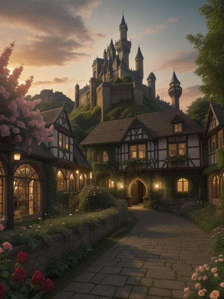 <lora:MW_SE3:1> medieval, sun shades, very detailed, garden, flowers, roses, ground view, high castle in the background, signs, shop, illuminated, city lights, houses, vegetation, sunset, low angle, castle bridge, sea in the far background, downside view,