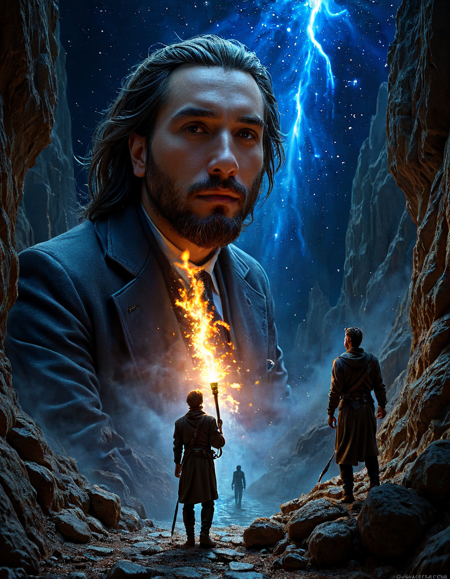 ((neanderthal)) man, iredescent light , cinematic hard blue lighting,high angle hd 8k sharp shallow depth of field, 
dark deep space a place mystical lsd hallucination dream, very detailed, hyperrealistic, very detailed, William
 Adolphe bouguereau,colourised, epic, tragic, military art, fantasy, dieselpunk, hd shot, digital portrait, beautiful,
 artstation, comic style, by artgerm, guy denning, jakub rozalski, magali villeneuve and charlie bowater,dramatic 
atmosphere, atmospheric perspective,torch lighting,ray tracing,starry universe background,perfecteyes. Professional photography, Smooth Quality, <lora:clear:1>, <lora:FF.101.juggernautXL_version6Rundiffusion.LORA:0.7>, 
<lora:greg_rutkowski_xl_2:1>, <lora:Flux-style-xl-lora:1>