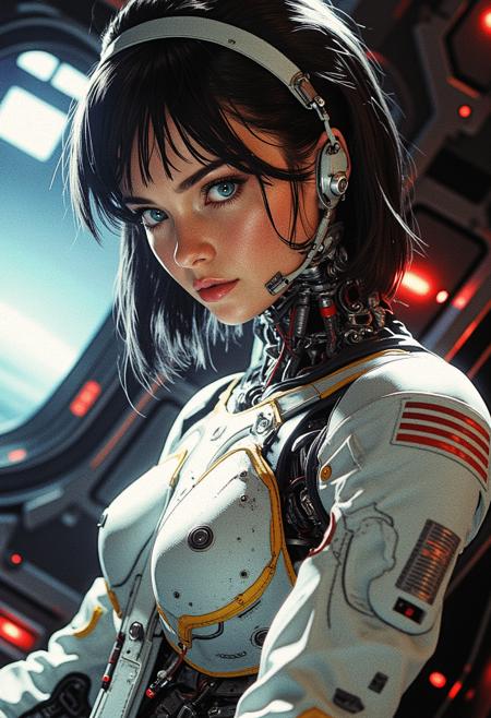 Hyperrealism, photorealistic portrait of a stunning unique futuristic female astronaut with dark short hair pushed back by a white hairband, striking large turquoise eyes, sharp focused expression, looking at viewer. A highly detailed and intricate white and yellow cybernetic robotic space suit that accents her athletic build. She is inside the cockpit of a spacecraft, the background has large windows revealing the vast outer space and a bight planet in the distance. Glowing neon lights inside the cabin softly reflecting on her face and spacesuit. hyper-realisitic, hyper-detailed, RAW photo, detailed foreground, detailed clothing, detailed lighting, 32k UHD, expressive eyes, vibrant colors. Masterpiece