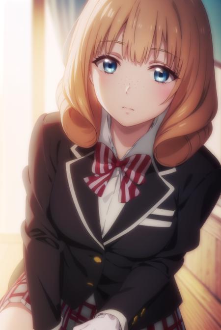 rikasaionji, <lora:rika saionji s1-lora-nochekaiser:1>,
rika saionji, blue eyes, orange hair, freckles, 
BREAK skirt, gloves, bow, school uniform, jacket, plaid, plaid skirt, blazer,
BREAK indoors, classroom,
BREAK looking at viewer,
BREAK <lyco:GoodHands-beta2:1>, (masterpiece:1.2), best quality, high resolution, unity 8k wallpaper, (illustration:0.8), (beautiful detailed eyes:1.6), extremely detailed face, perfect lighting, extremely detailed CG, (perfect hands, perfect anatomy),