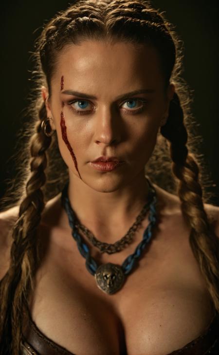 cinematic film still dramatic side lighting, dramatic intense stare closeup portrait, dark black background, hdr, dramatic beautiful warrior woman with warrior face paintings and blood, huge breast, cleavage,  viking braids, blue eyes, pelt, skull necklace, shallow depth of field, vignette, highly detailed, high budget Hollywood film, cinemascope, moody, epic, gorgeous <lora:Supermodel-SDXL-3:1>