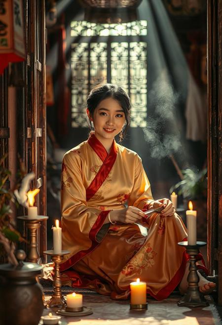 A high quality photo of a beautiful young Chinese woman wearing a traditional Chinese silk dress, sitting inside a temple. She's lighting incense and candles, cozy, slight smile, sunbeams through the doorway, dust in the air, effortlessly chic, beautiful, artistic, serene, detailed, slightly cluttered environment with plants and tools. High detail, heavy use of depth of field, 4k, super realistic, real photo, shot on Canon, camera, orange dreamy lighting, muted colors,
