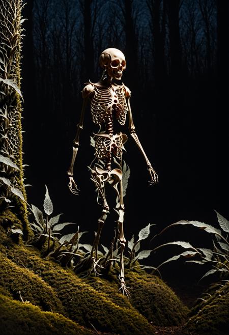 <lora:Organic_Macabre:2.5>, masterpiece,best quality, highly detailed, score_9, score_8_up, score_7_up, score_6_up, dramatic, BREAK, female, red and dark grey, walking at night, in a macabre woodland with many organic features lazypos <lora:dark:1> , 2 legs, 2 arms