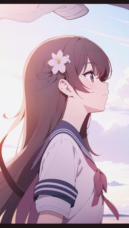 1girl solo flower long_hair outdoors letterboxed school_uniform day sky looking_up short_sleeves parted_lips shirt cloud black_hair sunlight white_shirt serafuku upper_body from_side pink_flower blurry brown_hair blue_sky depth_of_field