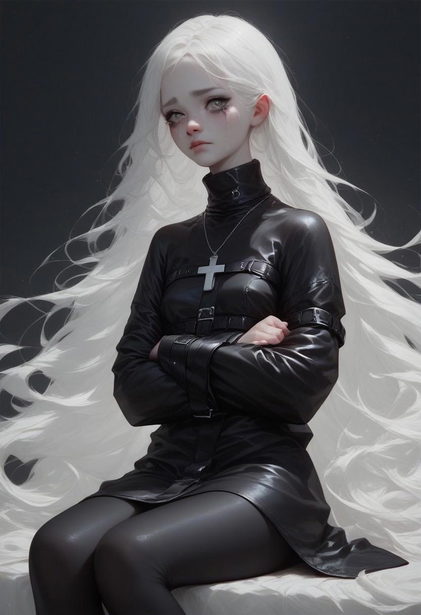 score_9, score_8_up, score_7_up, score_6_up, 1girl, 30 years old, studio photo, gray eyes, white hair, long hair, white pale skin, huge cross necklace, oversized clothes, black straitjacket, black clothes, leather clothes, long clothes, black leggings, sitting, skinny body, low fat body, small breasts, black background, crying, shedding tears, character emitting light, realistic style, proportional body,