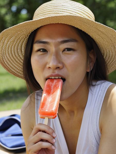 best quality, masterpiece, highres, detailed, perfect anatomy,  <lora:Detail - add_detail:0.2>, EatingPopIce, <lyco:Action - EatingPopIce:0.8>, holding popsicle, picnic, adult man, happy, japanese style,