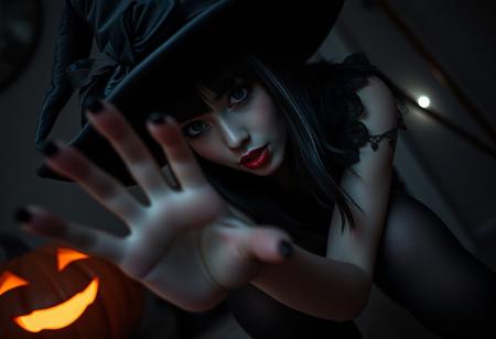 “Close-up of a glamorous woman with crossed bangs, dressed in a gothic Halloween costume with a witch hat and sheer dark pantyhose, leaning forward in a playful paw-like pose that hints at heavy breathing. Set indoors at night with a large pumpkin nearby, the scene evokes a spooky yet seductive Halloween atmosphere in monochrome, horror-inspired lighting. Shot with Panavision anamorphic cine lenses for a cinematic, widescreen look, the perspective from above places the viewer close to the character, emphasizing her allure within a night vision-inspired horror aesthetic. Anime-styled details enhance the eerie yet intimate vibe.”