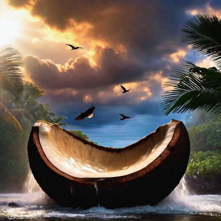 Dense waterfall emerging from a giant  coconut shell , dense coconut farm ,sun set,birds flying,black clouds  (8k, RAW photo, best quality, Masterpiece: 1.2), (Hyperrealistic, Photo-realistic: 1.37)