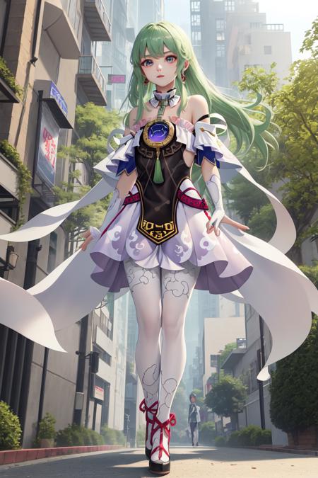 1girl,solo,blue eyes,green hair,long hair,standing,white legwear,dress,detached sleeves,pantyhose,white dress,bare shoulders,china clothes,choker,high heels,jewelry,white gloves,neck ring,tassel,frills,outdoors,street,skirt,<lora:clothes_fuxuan_costume_v1-000016:1>,