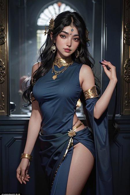 Very attractive,seductive stare,long black wavy hair,((blueberry skin tone)) (((a woman with dark Blue skin, hindu goddess))) . Wearing Silver saree dress,gold jewelry, sexy pose,sexy pose for a photo shoot, hourglass body, luscious lips,hindu temple