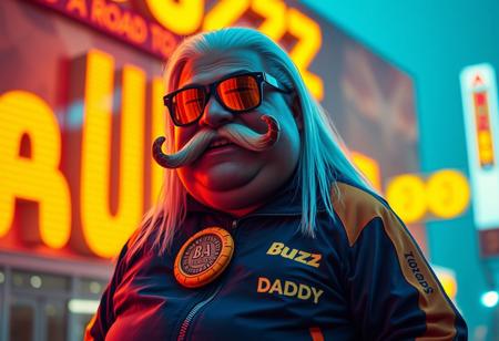 Buzz Daddy is a larger-than-life character, exuding charisma with a signature grin reminiscent of Riccardo Villalobos. His playful, lighthearted aura contrasts with his bulky, chubby physique. He’s decked out in a corporate tracksuit with vibrant psychedelic details, featuring a standout orange piece that reads “The Road to Torino.” His look is completed by a massive yogurt buckle shaped like a buzz coin, long, straight white hair, and a bold custom biker mustache that adds a rugged touch to his eccentric style. His Ray-Ban Wayfarer goggles reflect the electric glow of digital yellow signs, while he mischievously tosses stacks of Buzz coins around.
Buzz Daddy’s personality is zany, artistic, and captivating—his presence radiates the vibe of a meme king who thrives on humor and unpredictability. In the scene, “Buzz Daddy” is showcased in luminous, cinematic letters, whether displayed on a neon-lit billboard, a glowing mural, or boldly printed across his ultra-realistic jacket. The composition merges digital and artistic styles, creating a playful yet composed visual experience. The atmosphere is surreal and meme-driven, highlighting Buzz Daddy’s larger-than-life persona with influences from aidmafluxpro1.1, aidmaMJ6.1, and aidmahyperrealism, ensuring an unforgettable visual impact.
