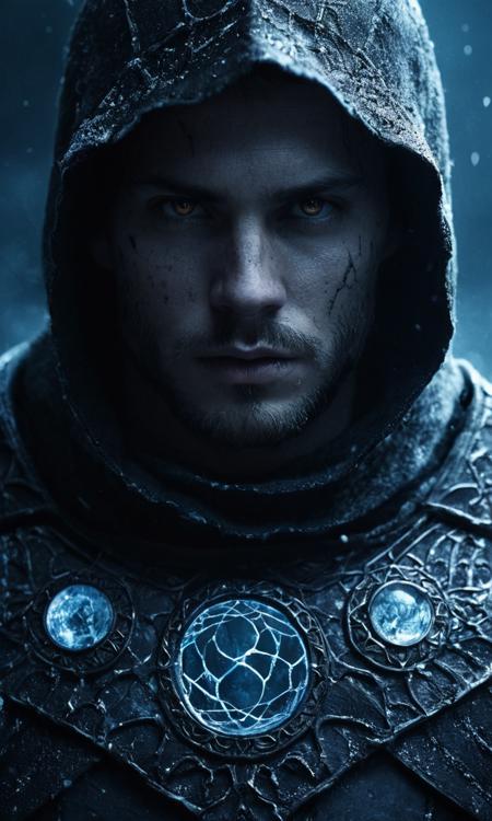 cinematic still A dark ghostly male silhouette. Messenger of the Frozen God. Cracked skin. light armor. Cracked armor. Canvas hood. Runic circle. Elements. Ice. Power from inside. Glowing eyes. Bokeh blur. ral-dissolve.BadDream photorealistic . emotional, harmonious, vignette, 4k epic detailed, shot on kodak, 35mm photo, sharp focus, high budget, cinemascope, moody, epic, gorgeous, film grain, grainy, gothic style A dark ghostly male silhouette. Messenger of the Frozen God. Cracked skin. light armor. Cracked armor. Canvas hood. Runic circle. Elements. Ice. Power from inside. Glowing eyes. Bokeh blur. ral-dissolve.BadDream photorealistic . dark, mysterious, haunting, dramatic, ornate, detailed, A dark ghostly male silhouette. Messenger of the Frozen God. Cracked skin. light armor. Cracked armor. Canvas hood. Runic circle. Elements. Ice. Power from inside. Glowing eyes. Bokeh blur. ral-dissolve.BadDream photorealistic, fantastic, beautiful composition, cinematic atmosphere, dynamic dramatic ambient, detailed