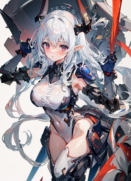 masterpiece,1girl,mecha musume, black_mechanical arms, headgear, <lora:A-MechaMusume[mecha musume, mechanical arms, headgear][bodysuit]:1>,  <lora:Colossus Omega-chan:0.6>,white hair, horns