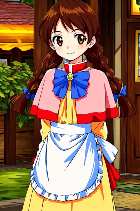 tamilwind, brown hair, twintails, braided twintails, brown eyes pink capelet, blue bow, dress, long skirt, yellow skirt, apron,