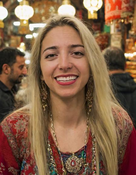 Alicia, a blonde-haired woman with a captivating smile and perfect teeth, stands in the Istanbul Grand Bazaar, her long hair swaying gracefully as she looks directly into the viewer's eyes; donning makeup that accentuates her natural features and a colorful Ottoman-inspired outfit accessorized with intricate jewelry, she is a realistic yet striking portrait of Istanbul's timeless spirit and womanhood. <lora:tksywl18f212205fcq12a:1>