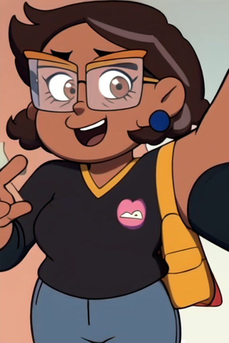 masterpiece, best quality, <lora:camilanoceda:1>, 1girl, solo, looking at viewer, brown hair, dark skin, smile, glasses, black shirt, jeans, open mouth, earrings, selfie, peace sign