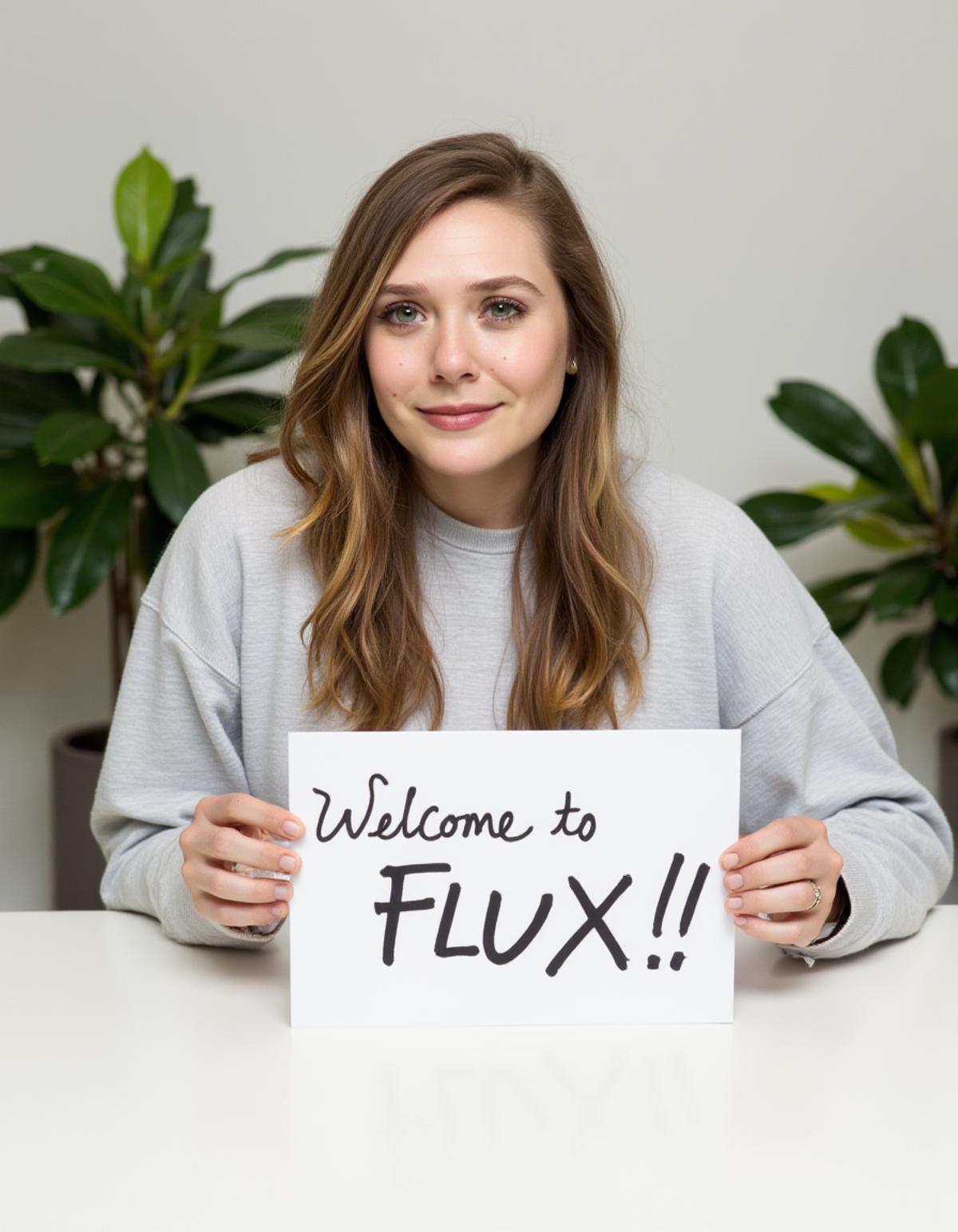 Instagram photo of a woman sitting at a table wearing a light grey sweatshirt, holding a sign that has the handwriting "Welcome to FLUX!!"  written on it. She is looking at the camera and in the background are some office plants on either side of her out of focus.  <lora:Elizabeth_Olsen_2012_FLUX_epoch_46:1>