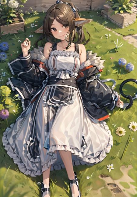 ((masterpiece,best quality)), 4k, highres, 1girl, solo, full body, legs, smile, lying, on ground, grass, flower, sakura, <lora:perfumerB5:0.8>