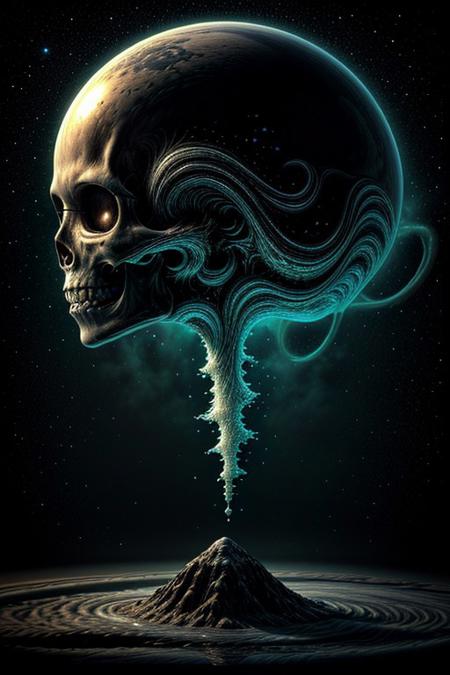 A close-up photorealistic image of a crystal-like floating skull facing dynamic view with its mouth open, pouring from it's mouth a shimmering liquid resembling the universe onto the ground, filled with rich stars and swirling galaxies. A simple void background enhances the dark atmosphere, shrouded in fog, capturing the hypnotic flow and shimmer of the cosmic liquid, from side,
