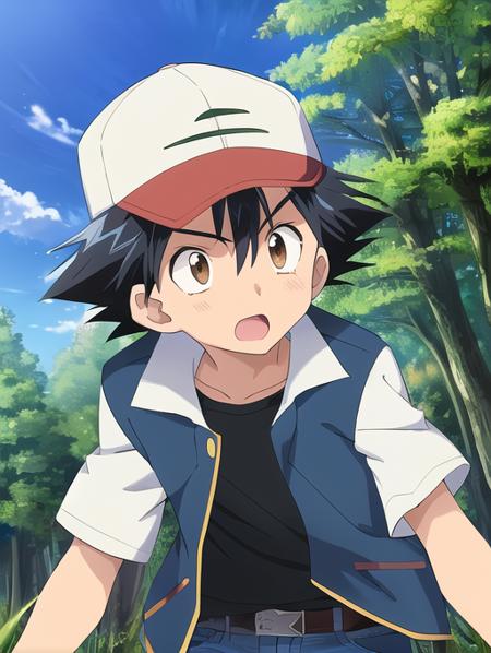 anime artwork, 1boy, OGAshK, baseball cap, black hair, short hair, spiked hair, brown eyes, outdoors, forest, woods, trees, blue jacket with white sleeves, black shirt, jeans, upper body, anime style, vibrant, highly detailed, <lora:Detail - add_detail:0.2>, <lora:Character - AshOG:0.9>