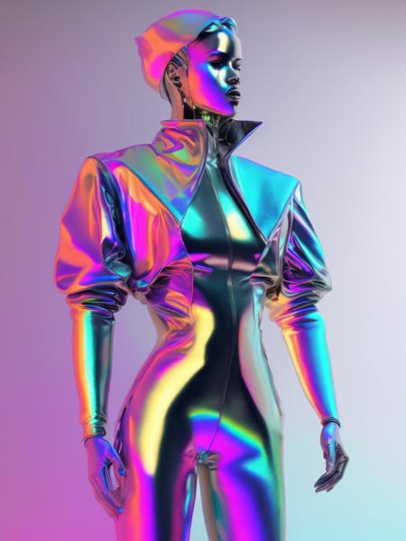 <lora:MADEOFIRIDESCENTFOIL:1>MADE OF IRIDESCENT FOIL futuristic jacket made of translucent sheet of holographic plastic.