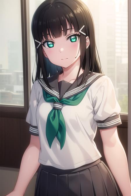 diakurosawa, <lora:dia kurosawa s2-lora-nochekaiser:1>,
dia kurosawa, long hair, bangs, black hair, hair ornament, (green eyes:1.3), sidelocks, hairclip, blunt bangs, mole, mole under mouth,
BREAK skirt, school uniform, short sleeves, pleated skirt, serafuku, socks, neckerchief, kneehighs, black socks, green neckerchief, grey skirt, uranohoshi school uniform,
BREAK indoors, classroom,
BREAK looking at viewer, (cowboy shot:1.5),
BREAK <lyco:GoodHands-beta2:1>, (masterpiece:1.2), best quality, high resolution, unity 8k wallpaper, (illustration:0.8), (beautiful detailed eyes:1.6), extremely detailed face, perfect lighting, extremely detailed CG, (perfect hands, perfect anatomy),