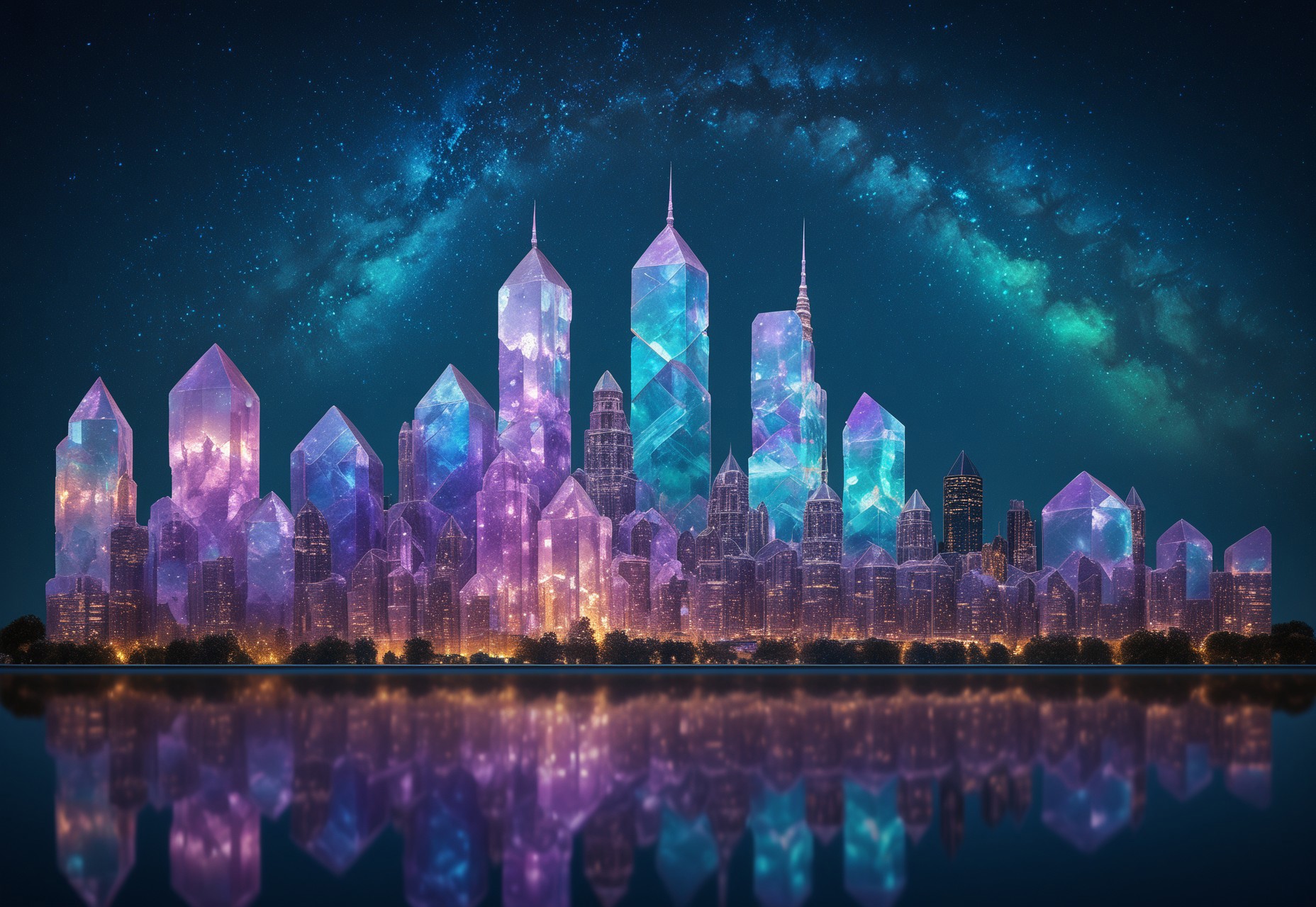 flu0rite, Iridescent cityscape with buildings made of fluorite mineral, night, starry sky, towering skyscrapers, ambient glow, reflected light, cinematic