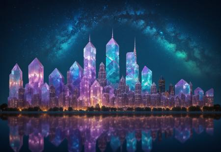 flu0rite, Iridescent cityscape with buildings made of fluorite mineral, night, starry sky, towering skyscrapers, ambient glow, reflected light, cinematic