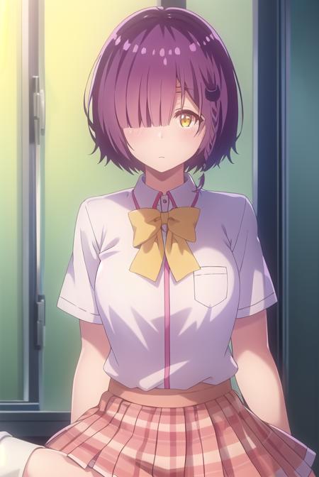 ayanofujimoto, <lora:ayano fujimoto s1-lora-nochekaiser:1>,
ayano fujimoto, short hair, hair ornament, (yellow eyes:1.3), purple hair, braid, (hair over one eye:1.5),
BREAK skirt, shirt, bow, school uniform, white shirt, short sleeves, pleated skirt, shoes, socks, bowtie, plaid, plaid skirt, brown footwear, black socks, loafers, pink skirt,
BREAK indoors, classroom,
BREAK looking at viewer,
BREAK <lyco:GoodHands-beta2:1>, (masterpiece:1.2), best quality, high resolution, unity 8k wallpaper, (illustration:0.8), (beautiful detailed eyes:1.6), extremely detailed face, perfect lighting, extremely detailed CG, (perfect hands, perfect anatomy),