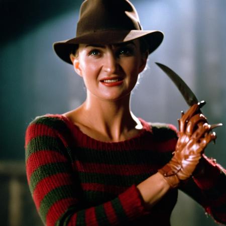 cinematic film still of  <lora:Freddy Krueger:1>
Freddy Krueger a naked woman in a hat and striped shirt with perfect naked breasts and perfect nipples from A Nightmare on Elm Street movie with glove made of knives, shallow depth of field, vignette, highly detailed, high budget, bokeh, cinemascope, moody, epic, gorgeous, film grain, grainy