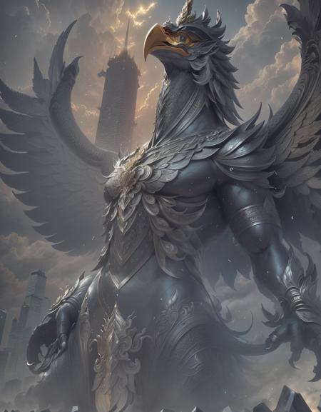 masterpiece,highly detail(Metalic Black,Reflect,:1.3)phayakrut king garuda{best quality},, super huge GARUDA solo, very detail, city,tower,building,highway, clouds and mist,
<lora:phayakrut3216_100:0.85>,
(extremely detail CG unity 8k wallpaper:1.1)(masterpiece),(best quality:1.1),realistic,style of master anime,perfect perspective,intricate detail