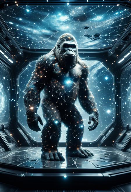 score_9, score_8_up, score_7_up, ultra details, high details, absurdres, masterpiece, best quality, 2k, 4k, very aesthetic, A dark fantasy 24mm 3d_render close-up shot of Bigfoot, set in a futuristic space station with holographic displays, a dynamic throwing pose and an depressed expression. The scene is illuminated by deep cinematic contrast, enhancing the heroic atmosphere. Shattered holograms flickering and distorting. The details are ultra-HD, with stunning textures, lifelike depth, and 8k quality. Every element is meticulously crafted, captures the essence of the motif in breathtaking resolution. (starry_morph:1.2), <lora:Starry_Morph_PonyXL:1.1>, <lora:add-detail-xl:1>, <lora:JuggerCineXL2:1>,