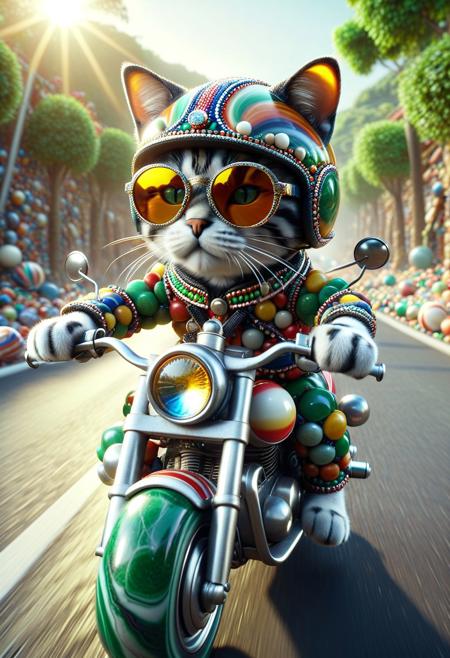 (made of marbles:1.3) cute small motorcycle, cat riding on, wear round sunglasses, animal ears helmet, from side, run through in marbles town road, closeup shot, cinematic, cinematic lighting, (masterpiece, best quality:1.4), ultra-high res, 4k, insanely detailed, sfw,