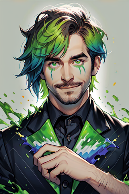 Niji Slime, looking at viewer, smile, short hair, bangs, shirt, 1boy, closed mouth, male focus, striped, collared shirt, gradient, gradient background, facial hair, facial mark, fire, portrait, scar across eye, facepaint <lora:Niji_Slime:1>