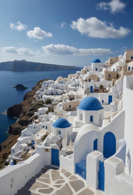 masterpiece, photorealistic, santorini, white buildings, blue sea, wispy clouds, empty