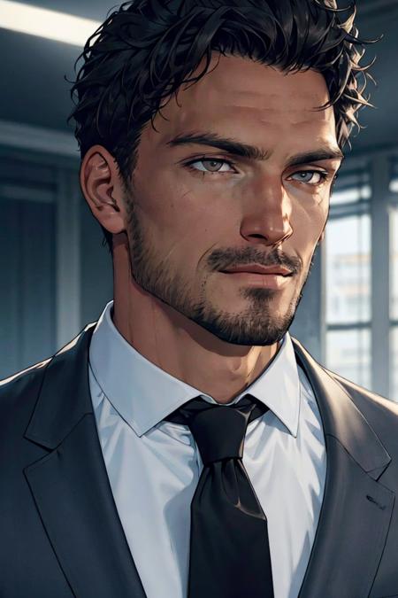 photo of  person,  male,  shritless,  suit,  shirt,  tie,  medium shot,  beard,  brown eye,  masterpiece,  highres,  sharp focus,  cinematic lighting,  detailed face,  detailed eyes, <lora:EMS-45173-EMS:1.000000>