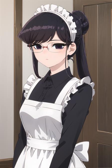 <lora:ShokoKomi_KS-V2:1> shokokomidef, purple hair, purple eyes, long hair,
looking at viewer, enmaided, bangs, apron, frills, expressionless, maid headdress, black-framed eyewear, hair bun, dress, maid, glasses, closed mouth, upper body,
masterpiece, best quality,