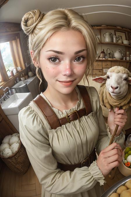 (shot from a Dutch angle, closeup on face:1.2) photo of <lora:GeorgiaEllenwood_v3:.9> GeorgiaEllenwood,
smiling,
she is wearing sheep costume
,
she is wearing buckle,
her hair is styled as Straight Messy Bun,
BREAK she is (in the scullery:1.1),
soft natural lighting,
8mm fisheye lens
,neutral density filter,Fujicolor Pro
,