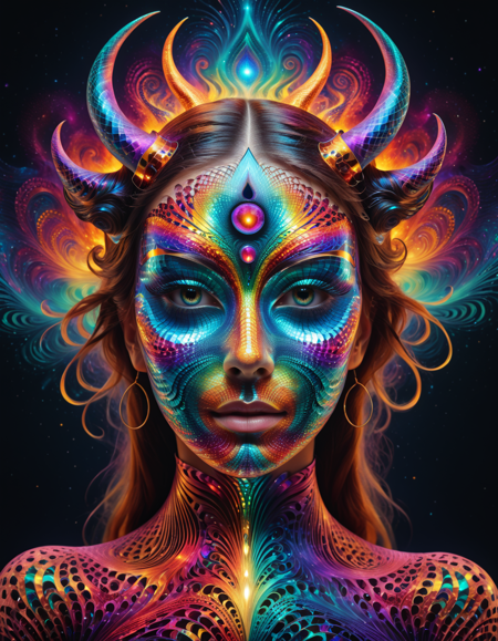 portrait of a woman wearing a full face wooden mask made out of fractangles, eye hole, show eyes out of swirling fractangles. horns, hair made of fire, 
<lora:Fractangles:1> <lora:NoctAbstract:1> abstract, colorful, waves, glowing, abstract background, colourful starry sky,