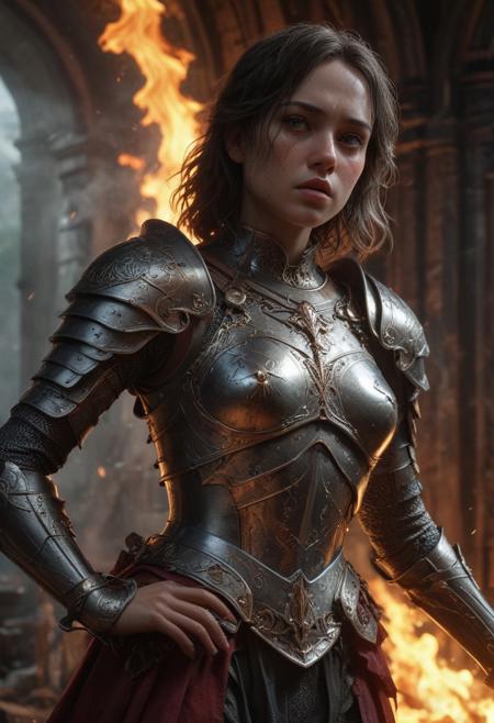 High resolution ultra-realistic of Beautiful Warrior Joan of Arc, 8k, capturing the intensity of the moment, cinematic lighting, standing on a bloody and stormy battlefield in bloody battle, wavy black hair, realistic dirty pale face, realistic brown eyes,  beautiful hourglass figure, burning in a medieval Town, intricately designed iron and silver armor, Dark Ages Aesthetic, perfect athletic figure, beautiful Warrior Joan of Arc, fire, ultra realistic, cinematic style, vigorous and seductive, athletic figure, dark fantasy, dramatic lighting, wet and sweaty skin, dirty skin, athletic figure, dark fantasy, dramatic lighting, Greg Rutkowski style,, Warrior Joan of Arc on in iron armor, hyper-detailed, hyper-realistic, bright colours, Attractive 21 old years girl, Attractive, beautiful firm Breasts, sharp focus, digital painting, Photograph Taken on Nikon D750, Alphonse Mucha, 8K, athletic figure, Hyperdetailed, hyperrealism, Attractive, Attractive bust girl, asymmetric balance