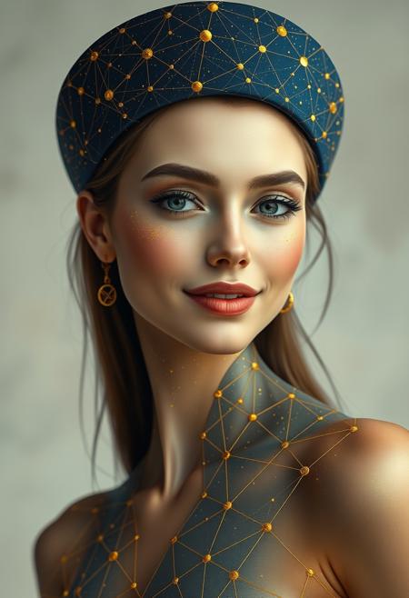 a photorealistic depiction of a beautiful refined charming adorable female with perfect physique and short neck, light makeup. The image is adorned with intricate geometric patterns and golden dots connected by fine lines, forming a network of constellations across the figure's smily face and hat. The lower part of the figure dissolves into abstract shapes, blending seamlessly with the background. The use of gold and blue accentuates key features, adding a futuristic and surreal quality to the image. Style of Rafal Olbinski, style of  James Jean.