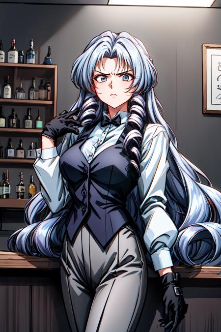 1girl, cowboy shot, (bar:1.2), serious, 
vg_reimi, grey eyes, grey hair, very long hair, drill hair, gloves, bowtie, white shirt, long sleeves, black vest, gray pants, <lora:VG_reimi_lora_ver1:0.7>, best quality, masterpiece, highres, <lora:GoodHands-vanilla:1>