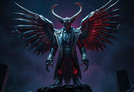 "Create a 4K, hyper-detailed, photorealistic rendering of Kim Deuk-sin's conceptualized 'Garbage Ogre in a Purity of the Cemetery' featuring an ornate tuxedo and huge symmetrical wings. Include dark blue and red tones, a cosmic void background, and chrome spacetime details. Aim for a multi-dimensional, chrome appearance, and draw inspiration from Egyptian patterns and polished elements. Consider post-processing to achieve a sublime, cool, badass, and hyperadvanced aesthetic."